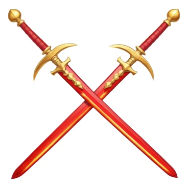Two crossed swords that are golden in blade and handle and have fiery and royal appearence to them as well as red gem stones sticker