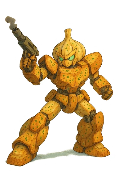 A transforming robot warrior with his blaster raised, action pose, except it’s garlic bread  sticker