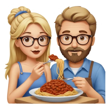 Blonde Caucasian girl eating spaghetti lady and the tramp style with Caucasian man with brown hair and beard wearing glasses sticker