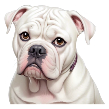 Cinematic Grumpy White American Bulldog Portrait Emoji, Head tilted slightly with a deeply unimpressed expression, thick white fur with a slight wrinkling around the jowls and brow, large, droopy eyes narrowed into an unamused glare, jowls slightly sagging in exasperation, Simplified yet comically expressive features, highly detailed, glowing with a dry, sarcastic glow, high shine, effortlessly judgmental yet dignified, stylized with a touch of cynicism, bright but brooding, soft glowing outline, capturing the essence of an eternally unimpressed yet endearing pup, so lifelike it feels like it could sigh heavily at you in disdain at any moment! sticker