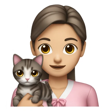 Brunette girl with straight hair in a pink blouse, holding a gray, striped, brown-eyed cat with a bow in her arms sticker