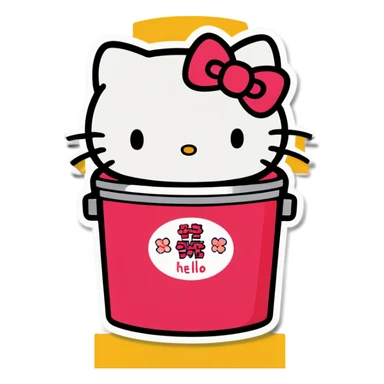 A trash bin that says goodbye with hello Kitty in it sticker