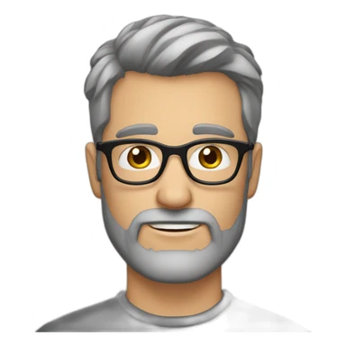 Caucasian man 40. brown eyes. short hair and short gray beard. disheveled on end. black glasses sticker