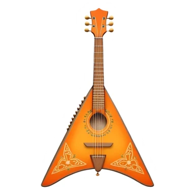 Create a vibrant and traditional emoji representing a three-stringed balalaika 'Prima.' The design should feature the characteristic triangular body of the balalaika with its three strings and visible tuning pegs. The woodwork should be simple yet elegant, reflecting the traditional Russian craftsmanship. Add subtle musical notes around the instrument to symbolize its cultural sound. Use rich, warm colors like natural wood tones, orange, and gold accents to convey its authenticity and musical heritage. The background should be transparent. sticker