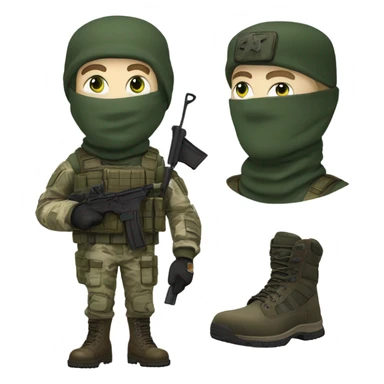 white male, pale skin, tall, call of duty Logan mask, green camo tactical gear, combat boots, beanie, hazel eyes sticker