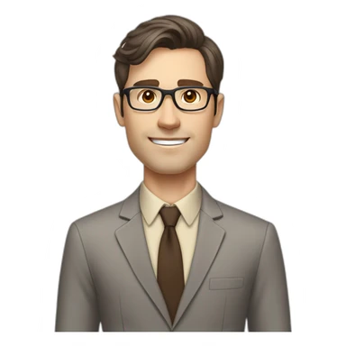 Pale skinned fit man with dark brown hair in gray jacket, beige office shirt, brown tie, brown pants and vintage glasses Writing text on a marker board sticker