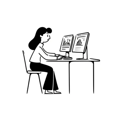 A character sitting in front of a computer with multiple monitors sticker