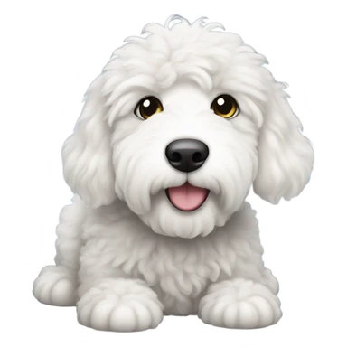 Create an emoji of a sheepadoodle puppy iith bright  wide open eyes sticker