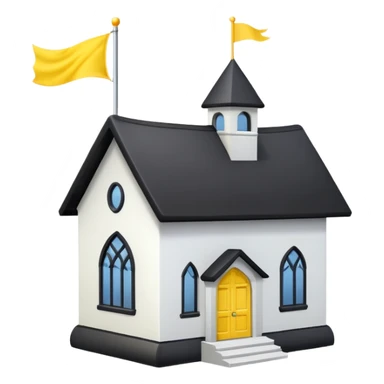 simple magic school, low detail, white background, magic school, black roof, with a big flag, big flag on a roof, big yellow flag, white school sticker