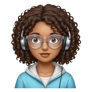 Chica morena con cabello crespo, con lentes transparentes y que tenga los ojos cafés oscuro. Y con unos audífonos en las manos. sticker