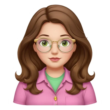 Girl girl long wavy brown hair with middle part, pale green eyes, plus size, pink shirt, gold rimmed glasses sticker