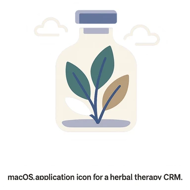 macOS application icon for a herbal therapy CRM, featuring a glass bottle with herbal leaves inside, soft shadows, green and earth tones, modern, minimal, no text sticker