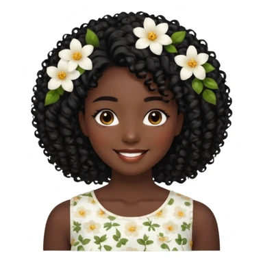 a young woman.She has voluminous, curly black hair that frames her face beautifully. Her skin tone is black light and glowing, and she has a subtle, natural makeup look. She’s smiling softly at the camera. She is wearing a white floral top sticker