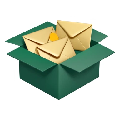 3D minimal open box with multiple envelopes floating out of it, matte finish, deep green (#0B3D2C) box, cream white (#F5F5DC) envelopes, subtle gold (#C9B037) accents, Apple style, ultra sleek, soft shadow, transparent background sticker