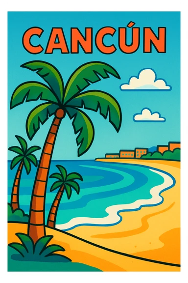 Cancun beach scene with palm trees, turquoise water, white sand, vibrant and inviting sticker