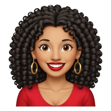 40 yr old peruvian woman, very curly long black hair, red lipstick, big smile, white teeth, brown eyes, hoop earings, side part to hair, round face sticker