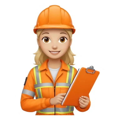 woman in orange hi vis overalls smiling holding a clipboard sticker