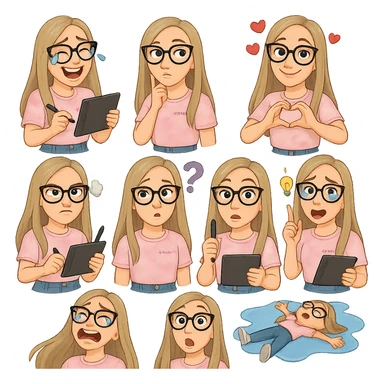 «Создай набор из 10 наклеек в стиле 3D cartoon  женского персонажа (30 лет выглядит моложе)  с прямыми светло русыми волосами ниже лопаток, светлой кожей, большими выразительными голубыми глазами, черные очки для зрения формы кошачий глаз, нос чуть с горбинкой.
Персонаж должен носить пастельную розово-бежевую тай дай футболку с вышивкой @ByUnicorn, голубые джинсы фасона мом, персонаж должен иметь разные выражения: смех до слез, задумчивость, влюбленность (с сердцами вокруг головы), улыбка и создает сердце руками, злость с паром из носа, растерянность (со знаком вопроса), наличие идеи (с зажженной лампочкой), плач со слезами из глаз, удивление с открытым ртом, лежит на спине раскинула руки и ноги в стороны в луже слез. Размер картинки не ограниченный, чтобы все наклейки вместились без обрезки. Стиль мультяшный  DreamWorks, мягкий свет, прозрачный фон, и добавь персонажу в руки графический планшет следи чтобы выглядело органично, красиво, не нарушая законы природы и физики, можешь добавить в другую руку перо от графического планшета, если это будет позволять смысл стикера» sticker