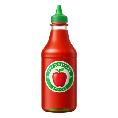 sriracha bottle, upright, bright red, green nozzle cap, translucent, thick glossy red sauce, simple, no label or branding, no dish or extras, apple emoji style, soft lighting, emoji scale sticker