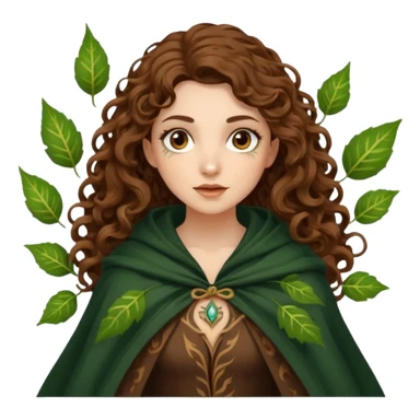 woman with long curly brown hair, brown eyes, white skin, tattoos, cloak made of animated leaves swirling sticker