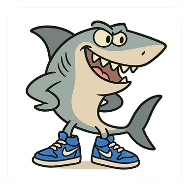 a stylized shark with blue Nike shoes, energetic and modern, bold lines sticker