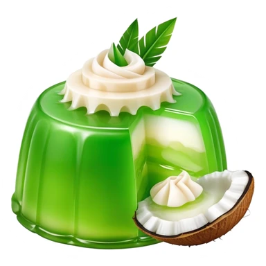 Cinematic Realistic Coconut Pandan Jelly Dessert Emoji, showcasing a delicate, translucent jelly infused with coconut and pandan rendered with lifelike detail and soft, tropical lighting. sticker