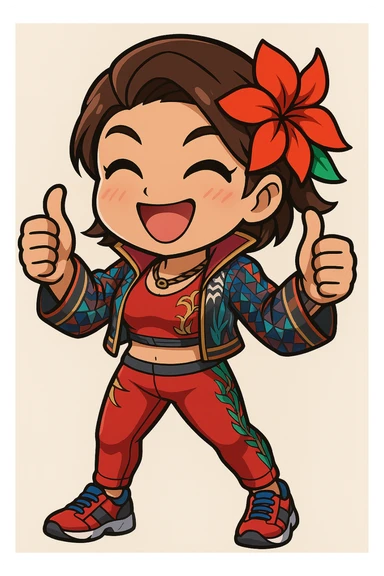 Azucena from Tekken 8 in chibi sticker style, giving a double thumbs up with a super happy expression, wearing the detailed red and patterned outfit from the reference images, designed for Twitch emote use. sticker