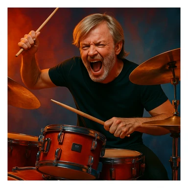 Make the male drummer look older with mature facial features and subtle signs of age, while keeping the blonde long-on-top bangs hairstyle and maintaining an energetic vibe. sticker