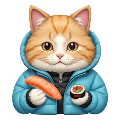 cat wearing a puffy jacket and eating sushi sticker