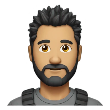 A 52 year-old man with black and spiky hair on top hair very short beard sticker