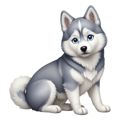 cinematic-[siberian husky]-realistic-full-body-sitting-emoji,-tail-resting-loosely-beside-its-paws,blue eyes-head-tilted-dramatically, -fluffy-[grey and white]-fur,-simplified-yet-realistic-focused-features,-highly-detailed,-glowing-with-an-almost-sarcastic-glow sticker