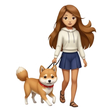 A girl with long brown hair walking a Shiba Inu sticker
