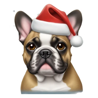 Brindle french bulldog wearing a Christmas hat sticker