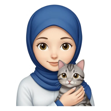 White girl wearing dark blue hijab with white shirt smiling while holding a black grey tabby cat sticker