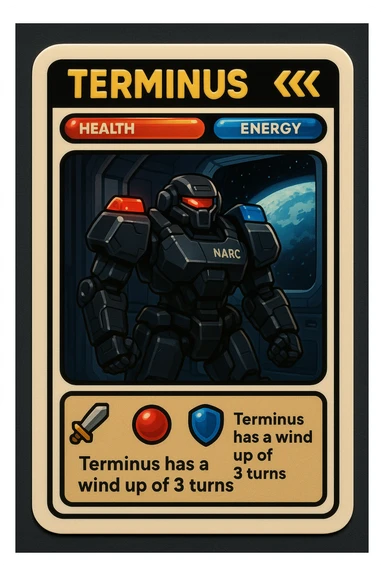 full playing card design in retro sticker style featuring a black armored sci-fi robot with red and blue shoulder lights labeled NARC standing in a space station with a window showing Earth, card layout includes a black name bar at the top with the name TERMINUS and three chevrons, health and energy bars, a stats panel at the bottom with a sword icon, red orb icon, blue shield icon, and a text area that says 'Terminus has a wind up of 3 turns', all elements in retro sticker style sticker