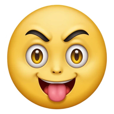 A yellow round face emoji smirking with its tounge out but the eyes are evil and kind of crazy and only one eyebrow is raised higher than the other sticker