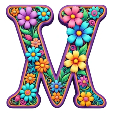 3D, gothic style psychedelic colored Letter V with hippie style flower border sticker