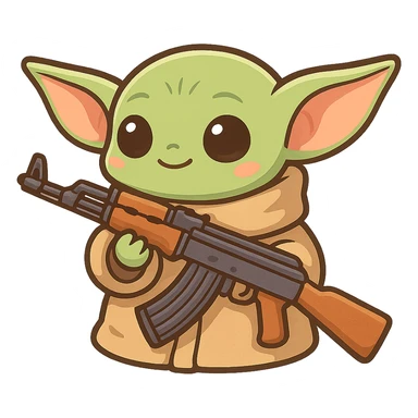 Baby Yoda holding an AK-47, cartoon style, cute and playful sticker