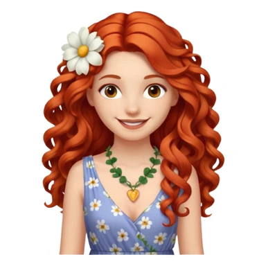 smiling white girl with long curly red hair, maxi dress, flower necklace sticker