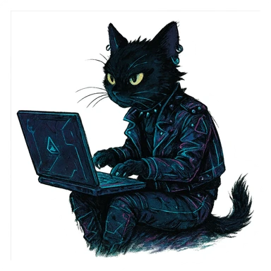  [[[it's a black cat typing at a laptop]]], , punk gothic style, futuristic cyberwave cyberpunk, sitting position
 sticker