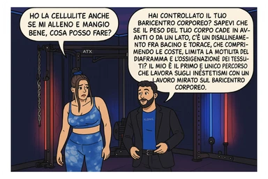 TRASFORMA QUESTO CAROSELLO IN UN FUMETTO CON QUESTE DUE PERSONE IDENTICHE CHE INTERLOQUISCONO TRA LORO:

LEI: Ho la cellulite anche se mi alleno e mangio bene, cosa posso fare?

LUI: Hai controllato il tuo baricentro corporeo?
Sapevi che se il peso del tuo corpo cade in avanti o da un lato, c’è un disallineamento fra bacino e torace, che comprimendo le coste, limita la motilità del diaframma e l’ossigenazione dei tessuti?
Il mio è il primo e unico percorso che lavora sugli inestetismi con un lavoro mirato sul baricentro corporeo. sticker
