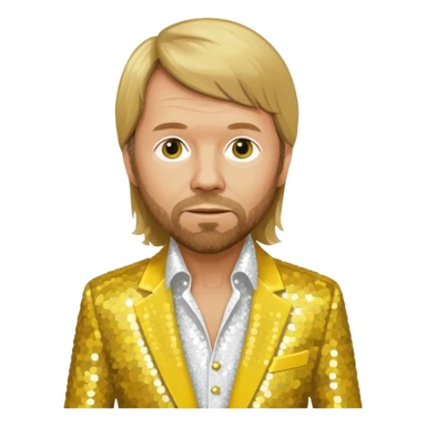 Björn Ulvaeus from ABBA with long dark blonde hair, yellow sequin shirt, white sequin suit jacket sticker