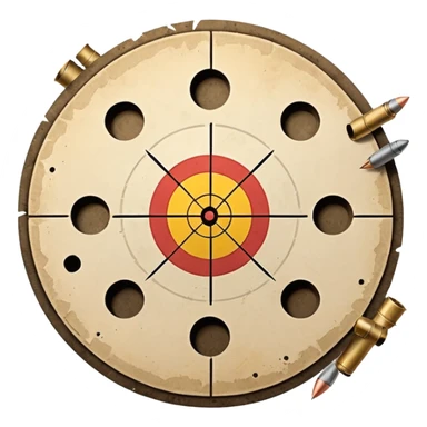 Paper target with bullet holes clustered in the center and spent shell casings below sticker