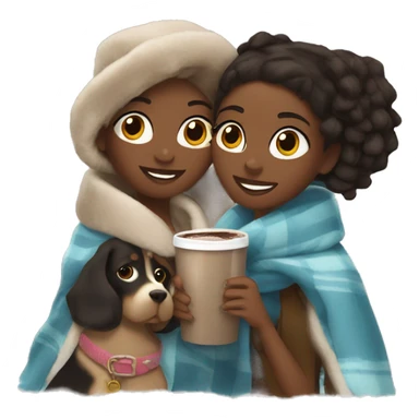 Two Black girls with blankets and hot chocolate with Ugg shoes on and a dog sticker