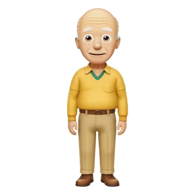 A 3D cartoon elderly man entirely yellow, styled like Grandpa Simpson, bald head with few hair strands, wrinkled face, yellow shirt and trousers, kind smile, cinematic Memoji-style render matching other Simpsons characters. sticker