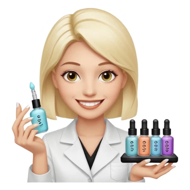 A smiling beautician with cold fake smile, calculating eyes, pointing at your cheek while holding 5 expensive serum bottle. predatory vibe.A face with a fake sweet smile, but the face is slowly consumed by shadows creeping from below. calculating eyes are visible in the dark sticker