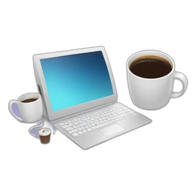 cat ears behind a computer and a coffee mug sticker