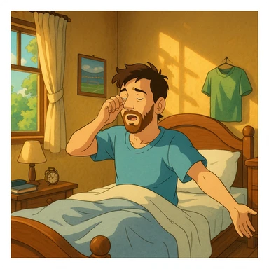 ghibli style Lionel Messi waking up in a sunlit bedroom sticker