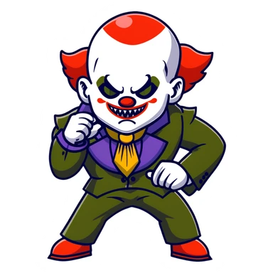 evil clown warrior, bald, small black horns on forehead, fangs, pointed ears, eye patch over one eye, long coat over black and military green leisure suit with bellbottom pants, tail, realistically proportioned, less bulky, full body visible, battle-ready fighting posture sticker