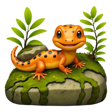 A 3D cartoon salamander on a mossy rock, orange and black spots, smooth shiny skin, small smiling face, soft realistic lighting, Memoji-style look. sticker
